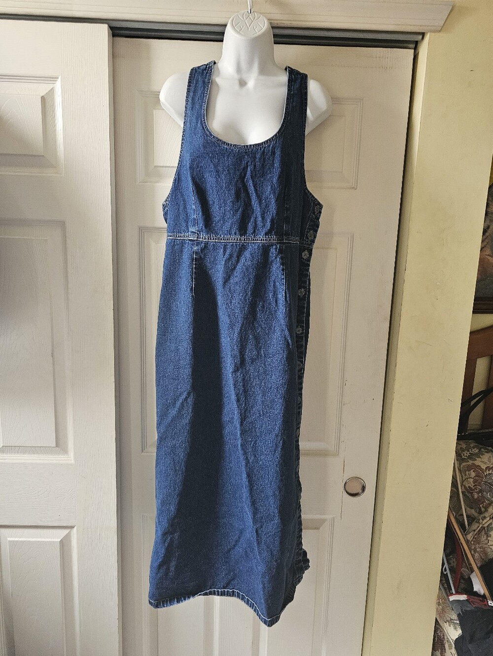 J.L. N.Y. Vintage Denim Maxi Overall Dress Size Large, Button Side 100% Cotton - Picture 4 of 14
